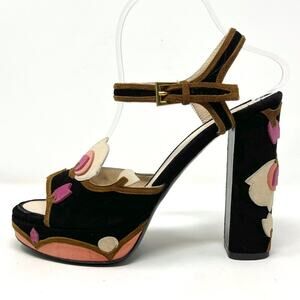 Prada Suede Floral Appliqué Platform Sandals – Size 39